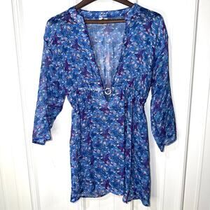 Rima Swim Cover Up Dress Blue Sheer Boho Beach Low Cut V-Neck Size S/M